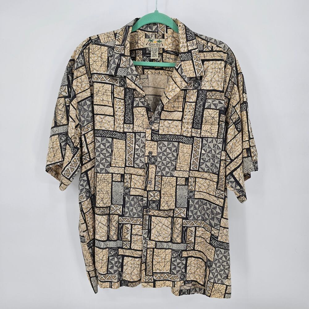 Vintage Kona Kai Hawaiian Geo Print Cream Black Short Sleeve Button Up Shirt XXL